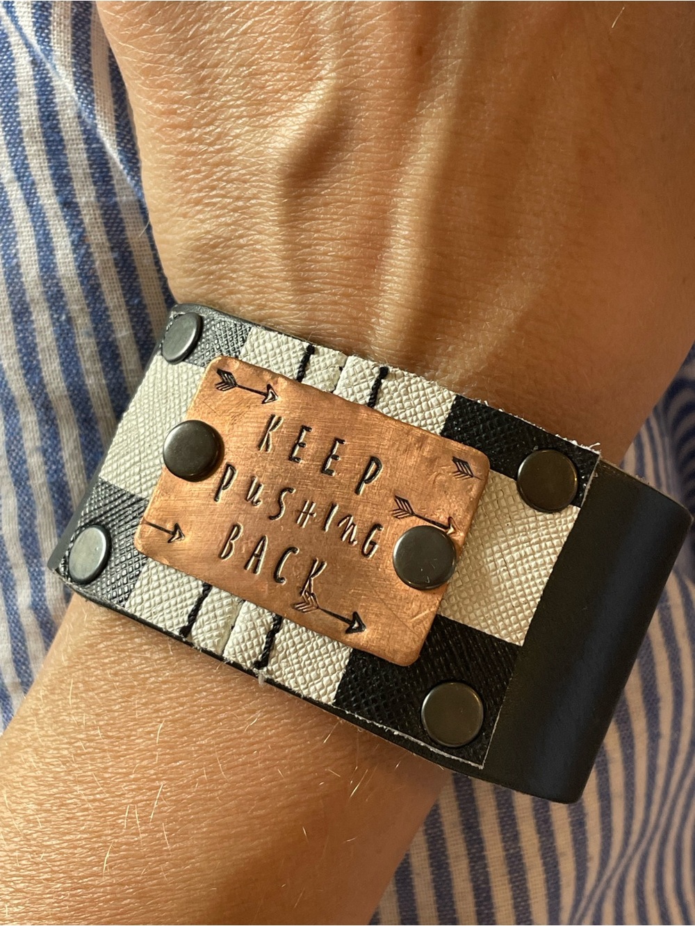 Black and White Striped Leather Cuff Bracelet with Copper Plate